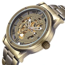 Vintage Bronze Watch Men Luxury Clock Male stainless steel Strap Antique Steampunk Automatic Skeleton Mechanical Wristwatch