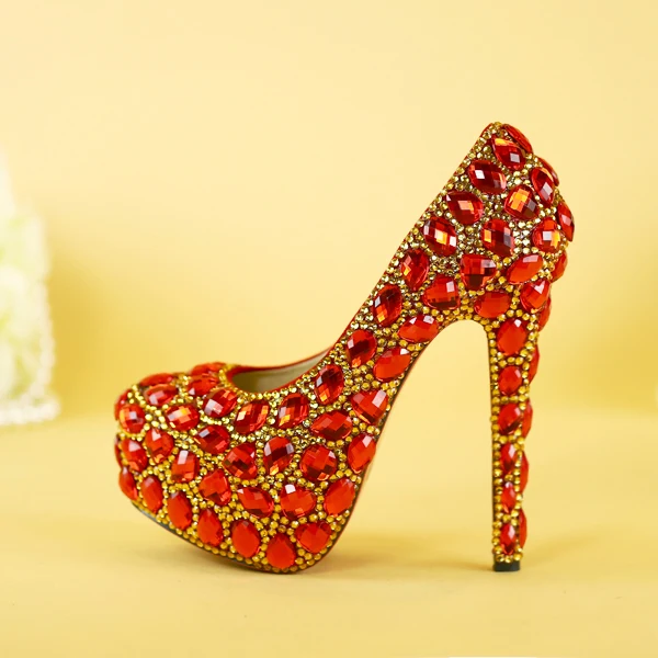 Women Wedding Dress Bridal Shoes Big Red Crystal High Heels