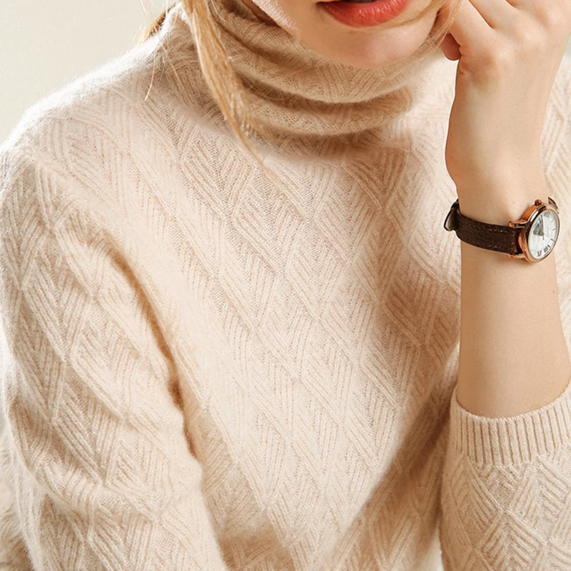 

Cashmere Soft Turtleneck Sweaters and Pullovers for Women Diamond weave Warm Fluffy Autumn Winter Jumper Female Brand Jumper