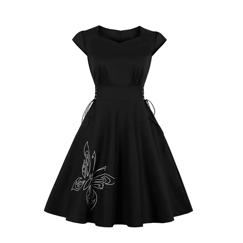 

Women Casual Dress Elegant Party Gothic Animal Print Embroidery Fashion Lace Up Slim Ladies Black Vintage A Line Summer Dresses