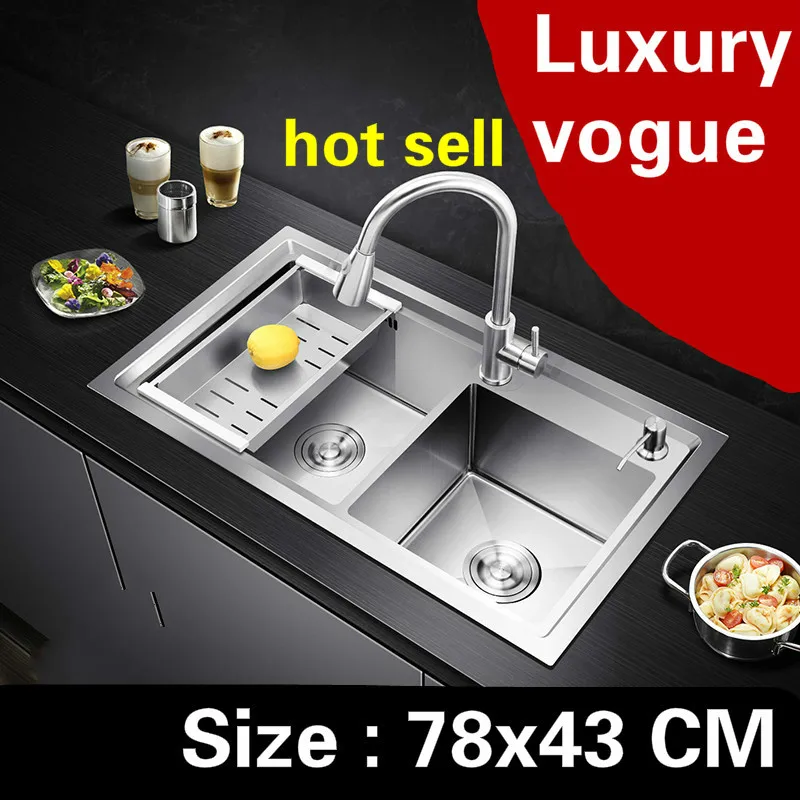 

Free shipping Apartment kitchen manual sink double groove vogue luxury 304 stainless steel high quality hot sell 780x430 MM