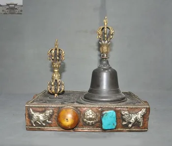 

christmas 12" Old Tibetan Buddhism Bronze Buddha Dorje Vajra Phurpa Exorcism Bell FaQi Set New Year