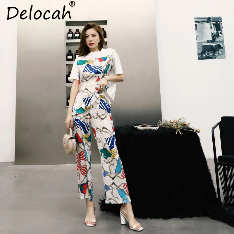 

Delocah Women Summer Suits Runway Fashion Designer Short Sleeve National flag Print Tops+Elegant Casual Long Pants 2 Pieces Set