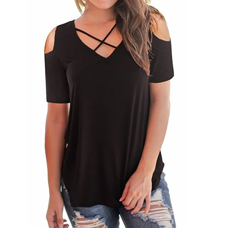 

Women Summer Fashion V-collar Cross-shoulder Short-sleeved Loose T-shirt Short V-Neck Solid Elegant Female Casual T-shirts