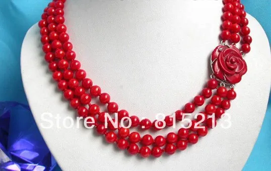 

ddh0098 Elegant! 3row round red coral necklace
