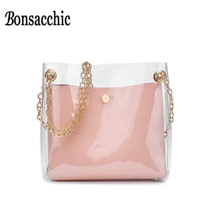 

Mini Plastic Beach Bag Clear Pink Women Messenger Chain Bag Handbags for Summer Bolsas Transparente 2019 Petit Sac Femme