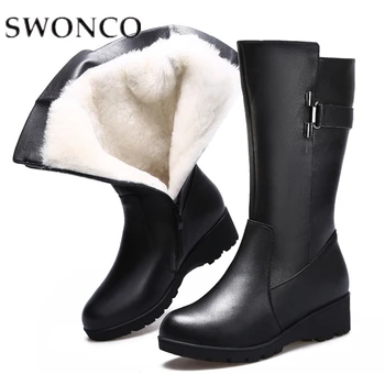

SWONCO Women Boots Wool Shear-ling Ladies Mid Boots Autumn Winter Wool Boot Snow Shoes Ladies 2019 Wedges Mid Calf Black Winter