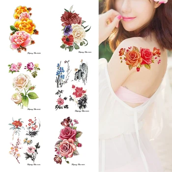 

New 1PCs 12 Types Flowers Beauty Fake Temporary Tattoos Stickers Rose Flowers Arm Shoulder Tattoo Waterproof Women Big Flash