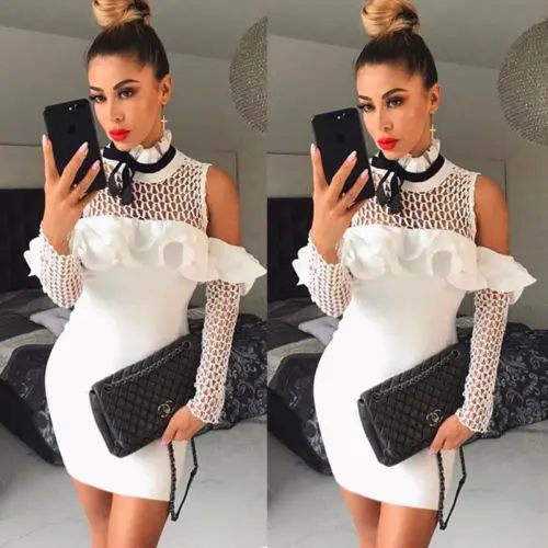 

Women Long Sleeve Party Skinny Ruffles Mini Summer Club Mini Dress Women Ladies Clothing Bandage Dresses Bodycon
