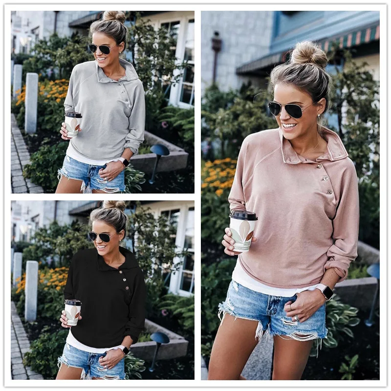 

Women Long Sleeve Oblique Collar Button Sweatshirts Autumn Winter Fashion New Solid Casual Loose Cotton Pullover Top Female S-XL