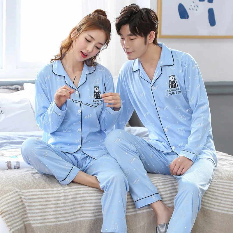 

Autumn Pajamas For Women Long-sleeved Cardigan Couple Nightwear Set Big White Sleepwear Suit