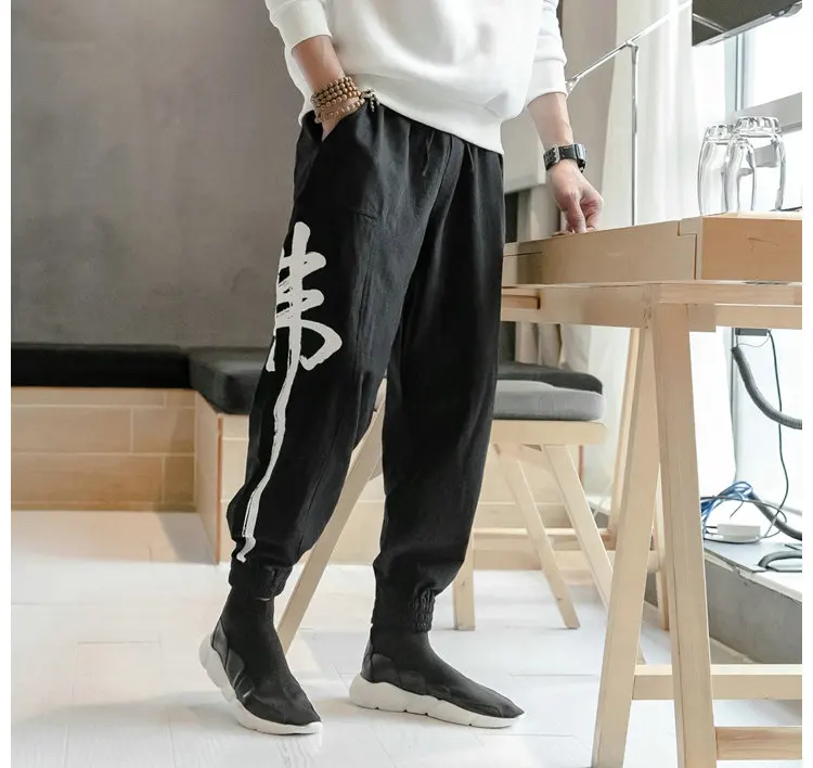Япония Корея Стиль Хлопок Лен Повседневная с буквенным принтом шаровары мужские брюки эластичная талия свободные мужские повседневные брюки для бега