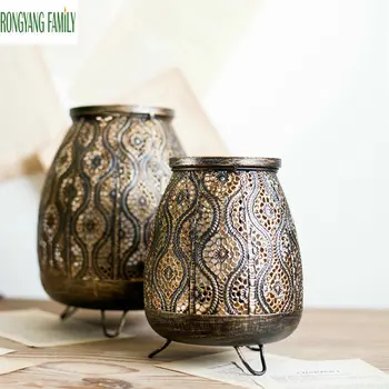 

European Vintage Decor Candle Holder Home Romantic Wedding Articles Candelabra Moroccan Hollow Carved Metal Candlestick Lanterns