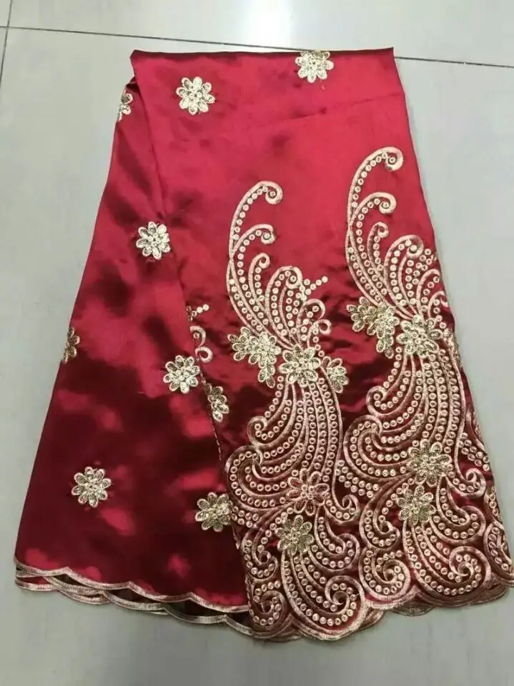 

Nigerian raw silk George wrappers red African George Fabric with gold embroidery High Quality African George wrapper