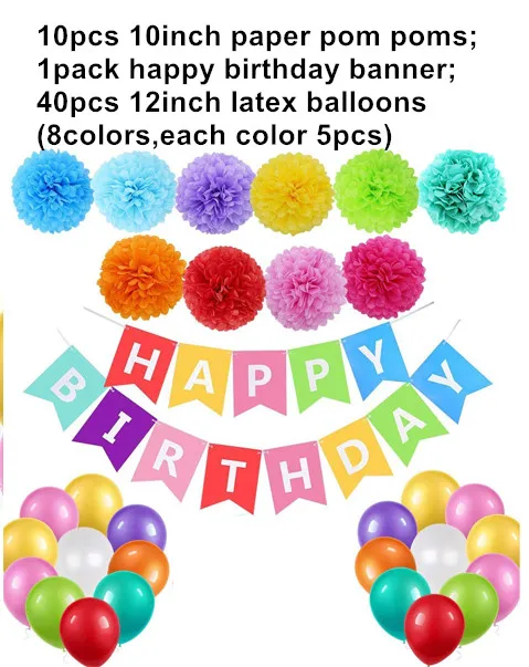 Rainbow Colorful Birthday Decorations Happy Birthday Banner Pom Paper  Circle