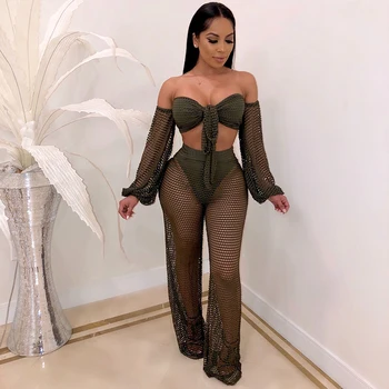 

Fishnet Mesh 2 Piece Set Women Summer Bandage Crop Top Pants Beach Suit Sexy Two Piece Clubwear 2 Pcs Perspective Trousers Sets