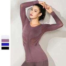New mesh sleeve yoga clothing long-sleeved women's seamless hollow sexy back fitness t-shirt quick-drying shirt Mesh top Female