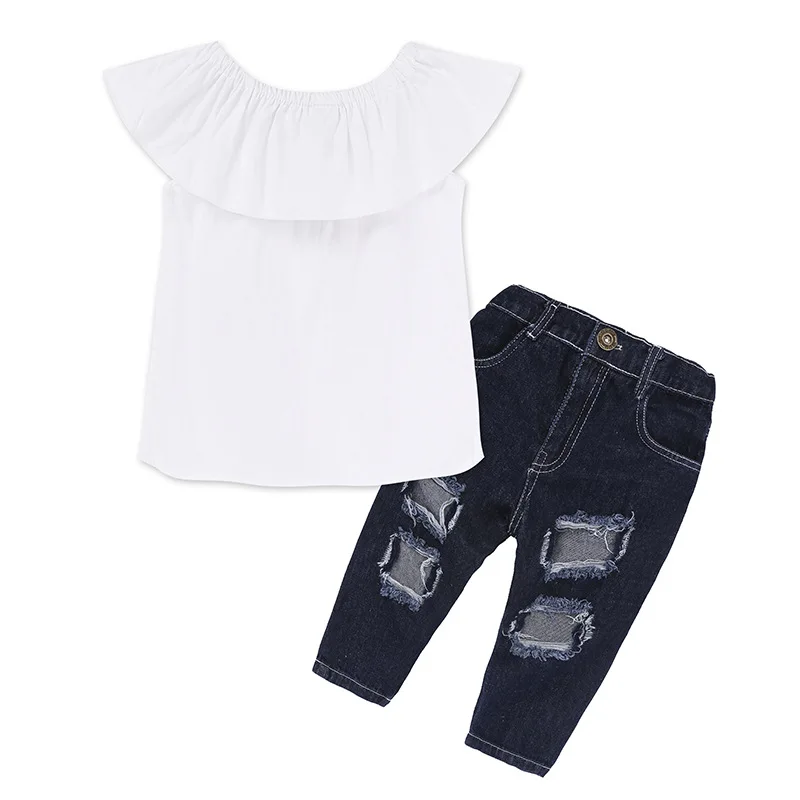 Коллекция года, летний комплект одежды для маленьких девочек, одежда для маленьких девочек футболка+ джинсы, костюмы детская одежда спортивные костюмы для девочек возрастом 1, 2, От 4 до 6 лет - Цвет: White