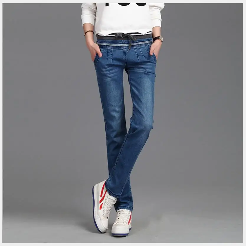 Осень Slim Fit Длинные джинсы лагер Размеры брюки с эластичной резинкой тонкие, ребристые Повседневное ремень Для женщин джинсы синий