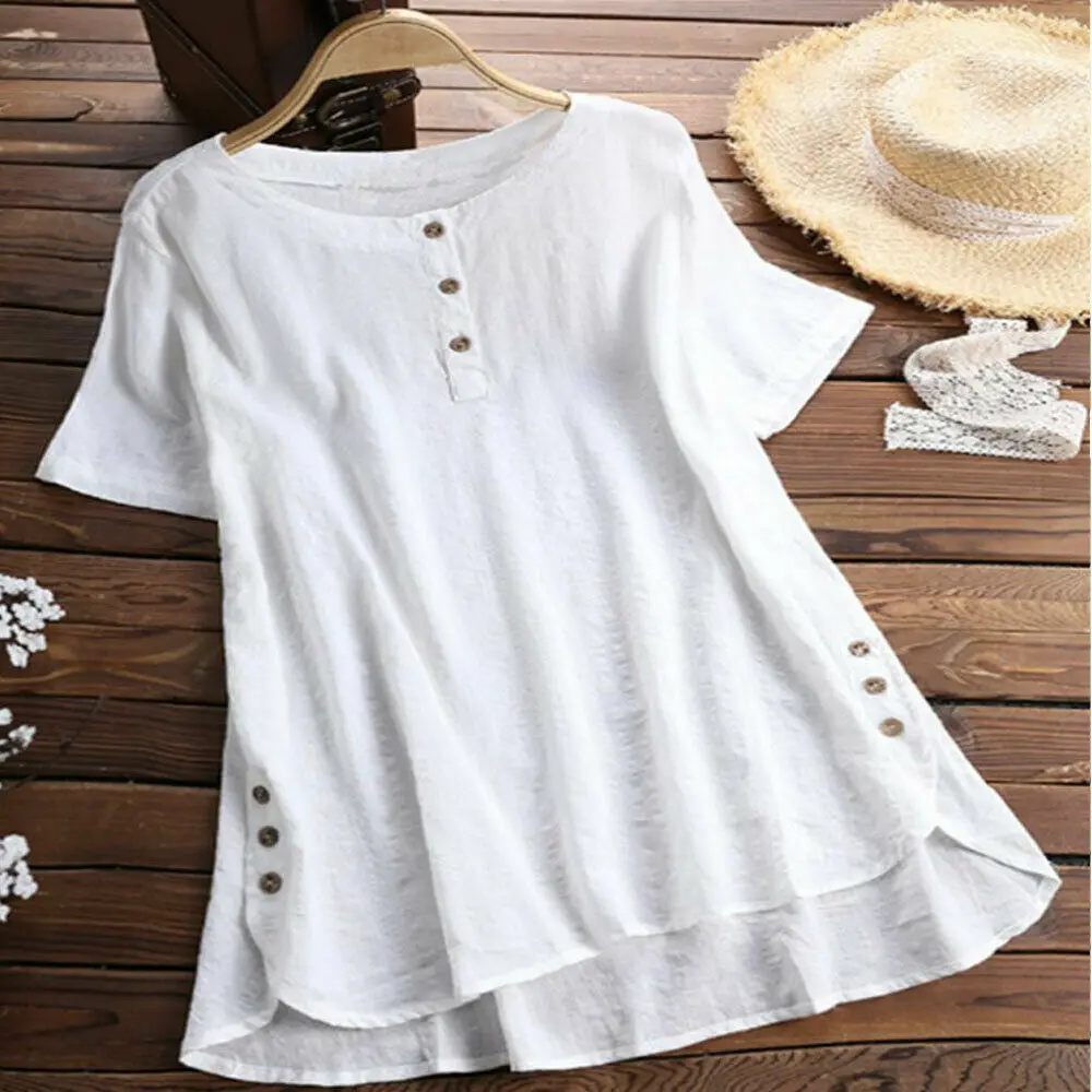 

Plus Size Women Summer Button Crew Neck Blouses Loose Baggy Tops Tunic Shirts Ladies Casual Solid Short Sleeve Blouse