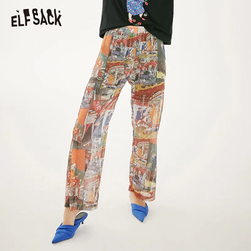 ELFSACK, Ретро стиль, с принтом, высокая талия, женские широкие брюки, лето, уличная одежда, повседневные женские брюки, модные женские брюки