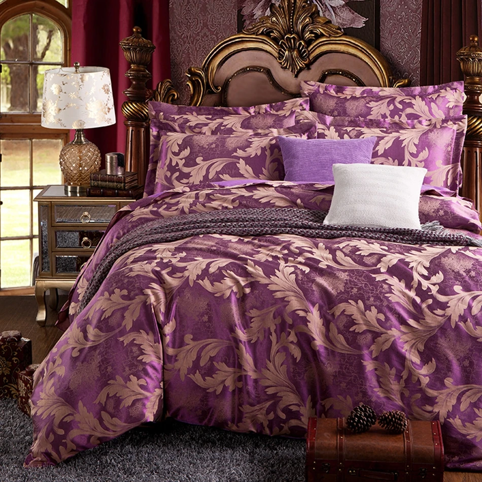Purple Flowers Jacquard Duvet Cover Set Queen Size Bedding Sets For