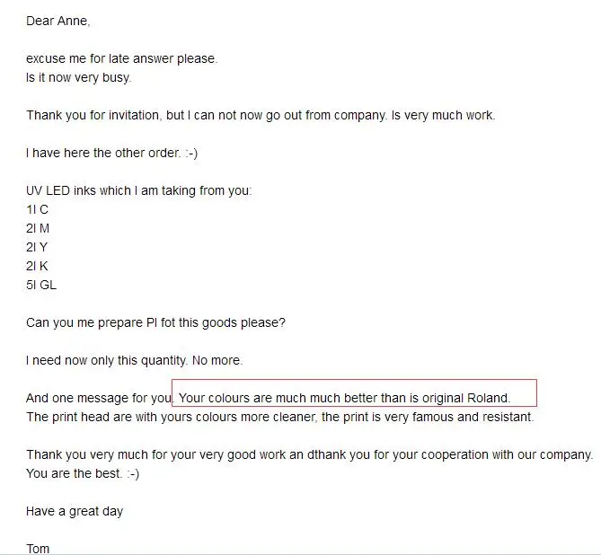 Feedback for Roland uv printer