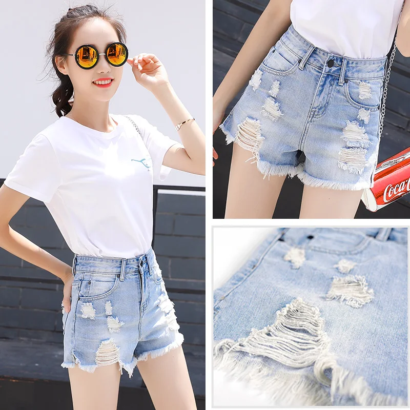 Auto Tendencia Ancha Pierna See Mujer Color Chart Corea Cortos cultivo Hole Relajado Alta Pantalones Cintura Verano Calidad De Denim Piel Chart see Shorts Luz qwRAzH4