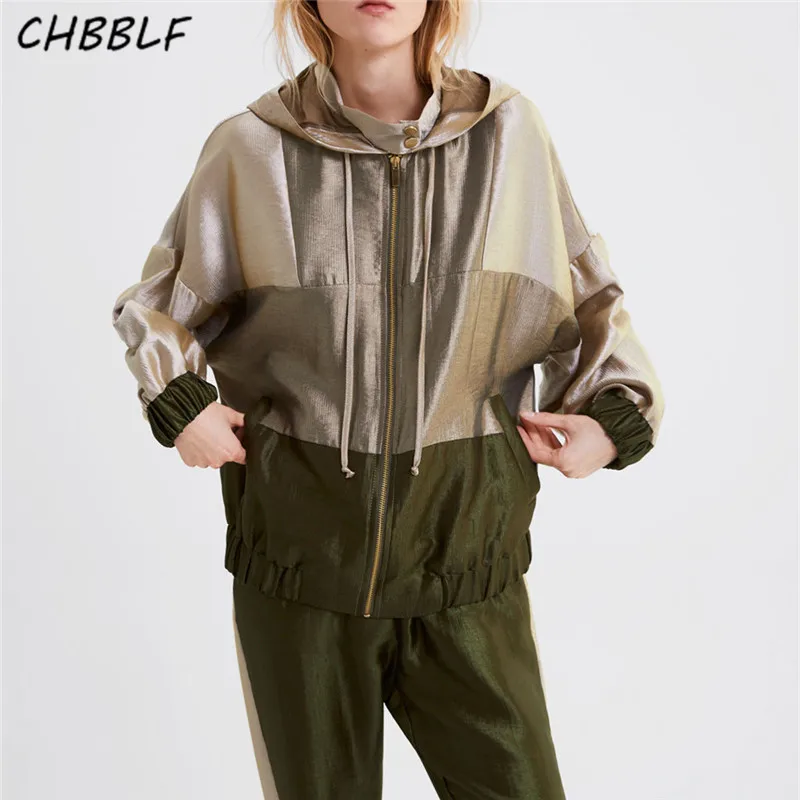 

CHBBLF women patchwork oversized jacket coats hooded zipper fly long sleeve female casual loose tops POP1831