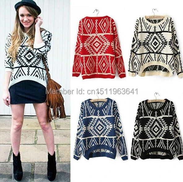 Free shipping 2014 branded new retro street base pullovers European/American pop art geomotric pattern sweater women tops WS011 | Женская