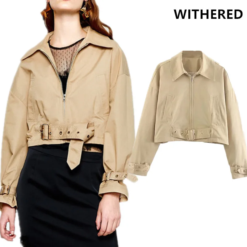 

Withered autumn england style simple solid khaki zipper sashes Locomotive jacket casaco feminino jaqueta feminina plus size