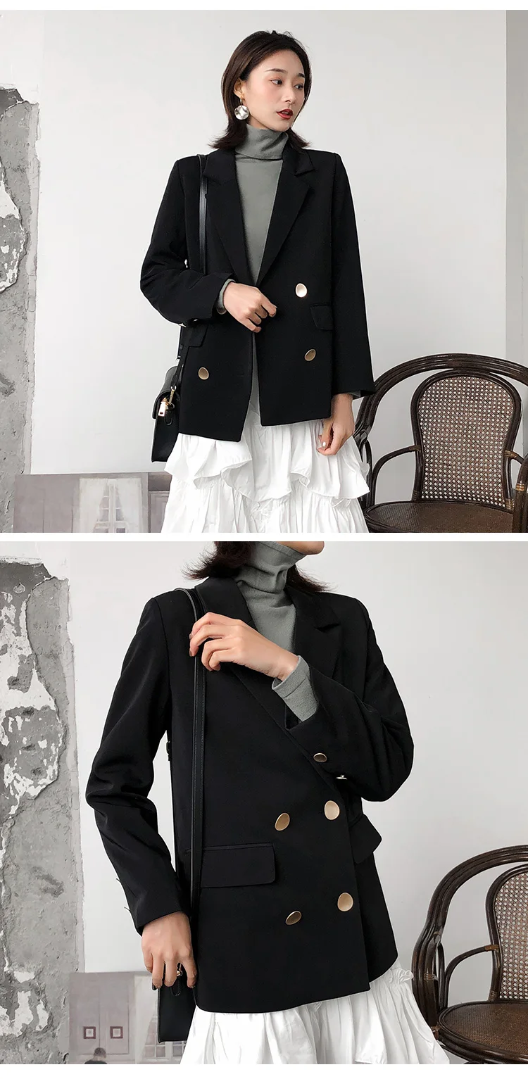 Женская двубортная черная костюмная куртка женская весна осень Повседневный модный офисный женский Узкий блейзер пиджак платье куртка