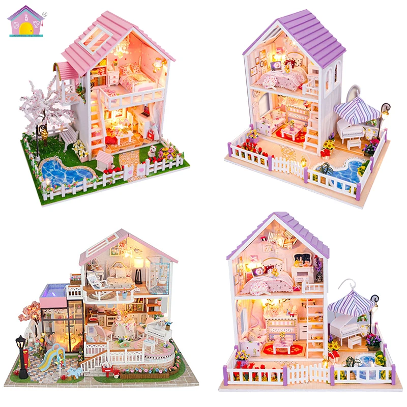 

Wooden Doll House Sweet Words Cherry Tree Romantic Purple Dollhouse Assembly Building Model Light Toy Houses Unisex Xmas Gift
