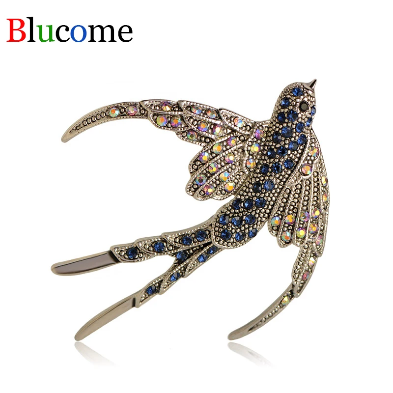 

Luxury Silver Color Vintage Crystal Blue Swallow Birds Brooches Suit Lapel Pins Sweater Scarf Pendant Animal Women Kids Brooch