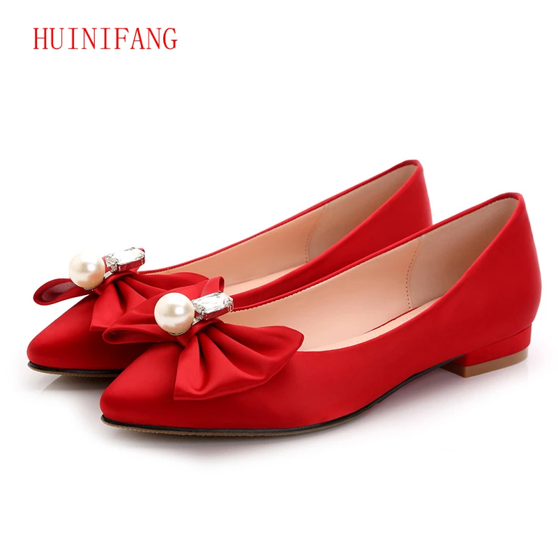 Black/Red Satin Bowtie Pearls Women Shoes Flat Heels Spring Autumn ...