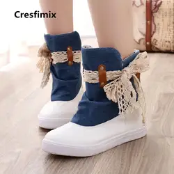 Cresfimix botas femininas Женская мода удобные осенне-зимние ботинки до середины икры с круглым носком милые леди галстук-бабочка джинсовая обувь a2847