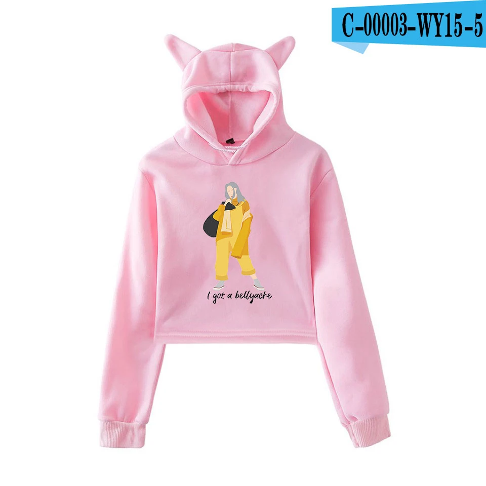 Billie Eilish печатных Cat Crop Top толстовки кофты для женщин летние хлопковые Уличная Сексуальная хит Лидер продаж Одежда Harajuku - Цвет: pink