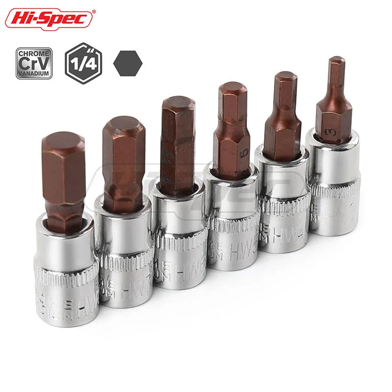 

Hi-Spec 6pc Hex Bit Socket Set Allen Key Driver Socket Adapter Chrome Vanadium 1/4 Socket Wrench Head H3-H8 S2 Steel Bit ST005