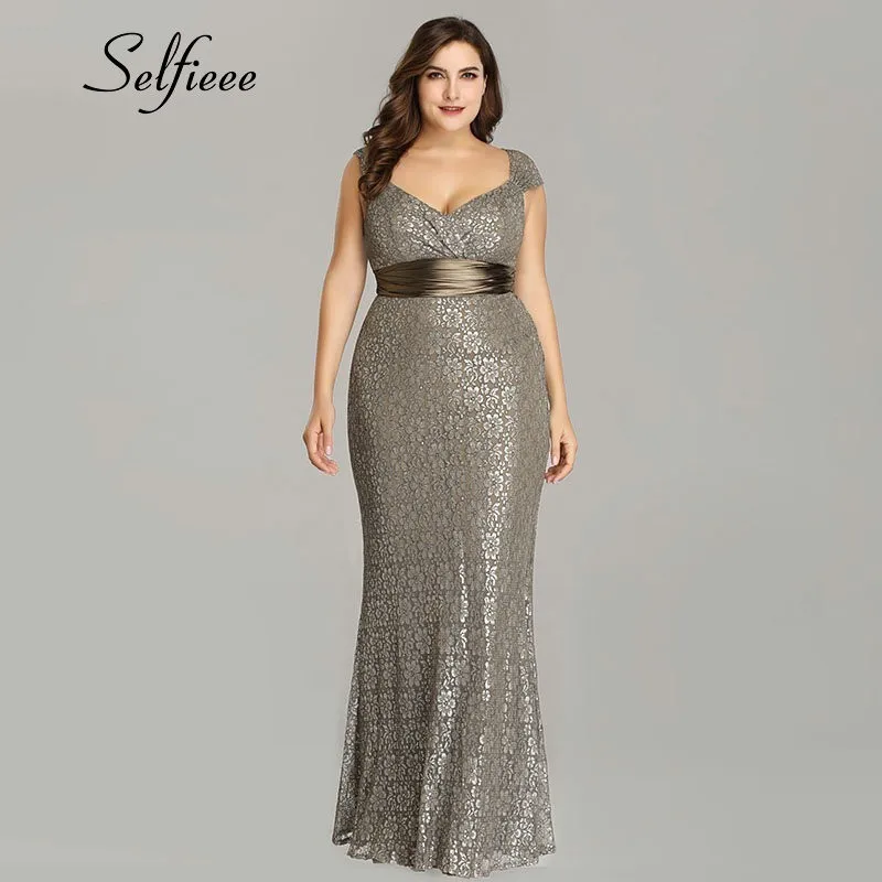 

Plus Size Party Dress 2019 New Fashion Long Lace Women Dress Robe Femme Elegant V Neck Mermaid Formal Gowns Robe De Soiree