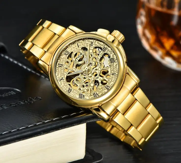 

3d Logo Design Hollow Engraving Black Gold Case Leather Skeleton Mechanical Watches Men Luxury Brand Relogio Masculino 2018