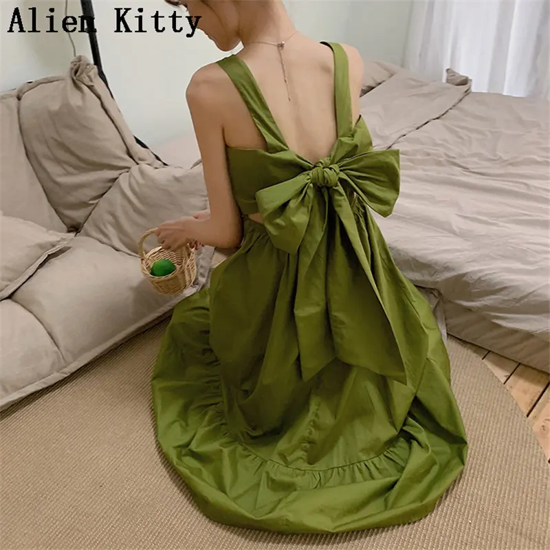 

Alien Kitty Stylish Summer Spaghetti Strap Sweet Solid Loose Sleeveless Bow Fashion Women Casual All Match Strapless Long Dress