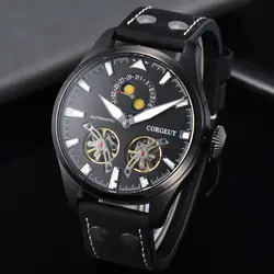 Corgeut 46 мм Мужские автоматические часы черный PVD случае Lume циферблат развертывания наручные часы с пряжкой Дата функция механические часы