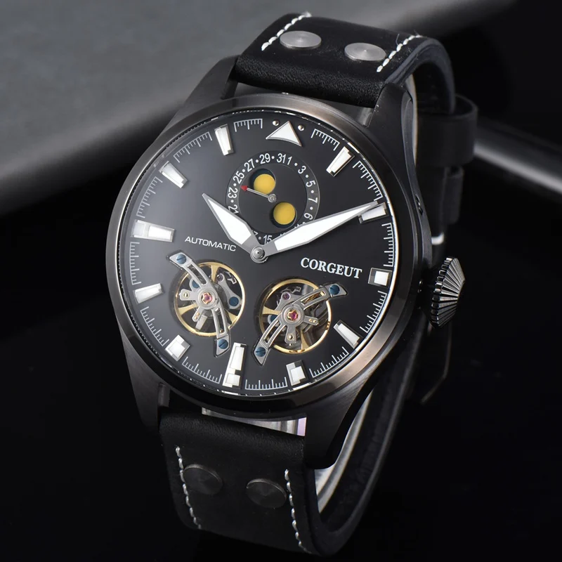 

Corgeut 46mm Mens Automatic Watch Black PVD Case Lume Dial Deployant Buckle WristWatch Date Function Mechanical Watch CA3023PB