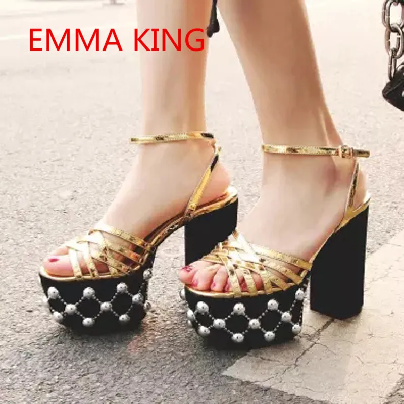 

2018 Summer Ladies Platform Gladiator Sandals Beads Decor Ankle Strap High Heels Shoes Woman Party Wedding Chunky Heels Sandal