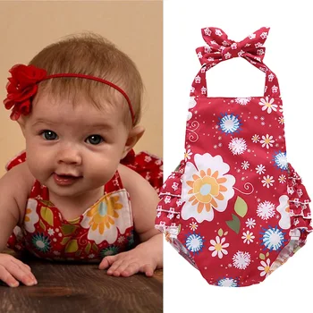 

2pcs new Baby Girl Triangle climb clothes Red bear Infant Cotton Sleeveless Flower print lace-up Ruffled Bodysuits Jumpsuit