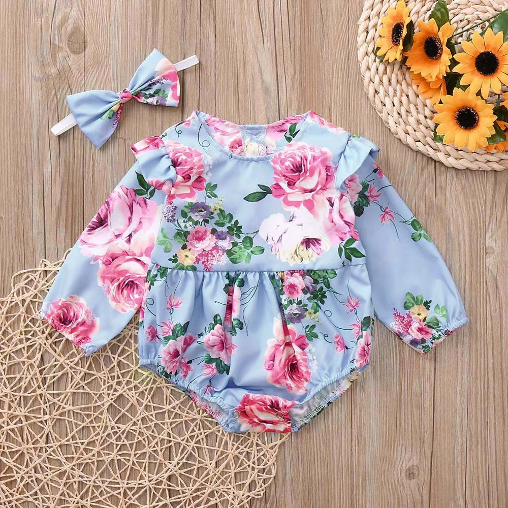 

2PCS Newborn Baby Girl Clothes Fashion Long Sleeve Floral Print Ruffle Bodysuit+Headband Baby Girl Set Infant Baby Clothing