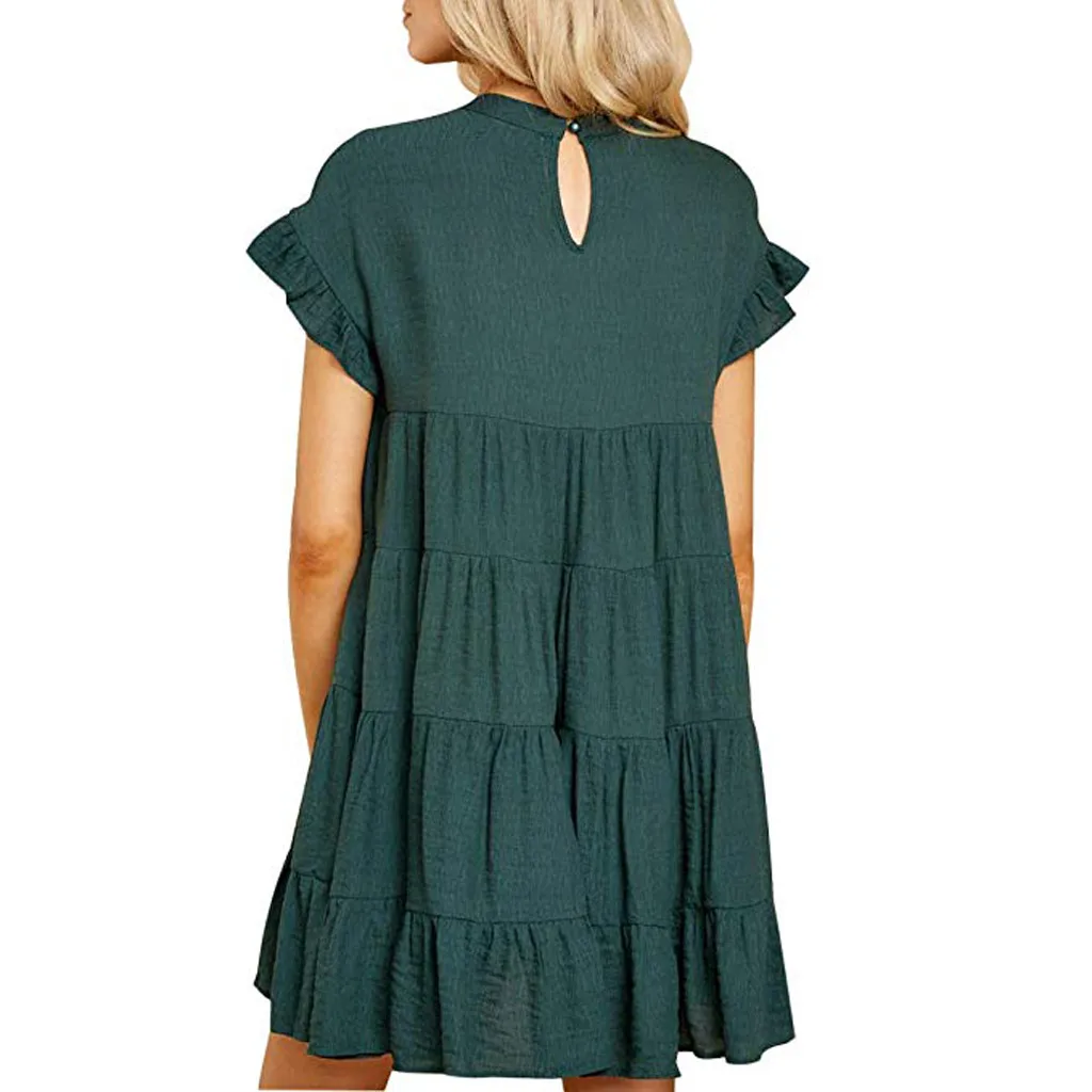 Women Summer Ruffle Sleeve Dress Casual Boho Solid Plain Short Sleeve A-Line Dress Female Loose Swing Party Mini Dress Vestidos