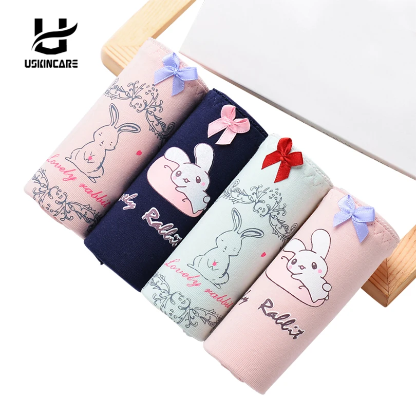 

Uskincar 4 Pieces/lot Women Cotton Briefs Underwear Cartoon Mid-waist Panties Breathable Ladies Girl's Intimates Lingerie