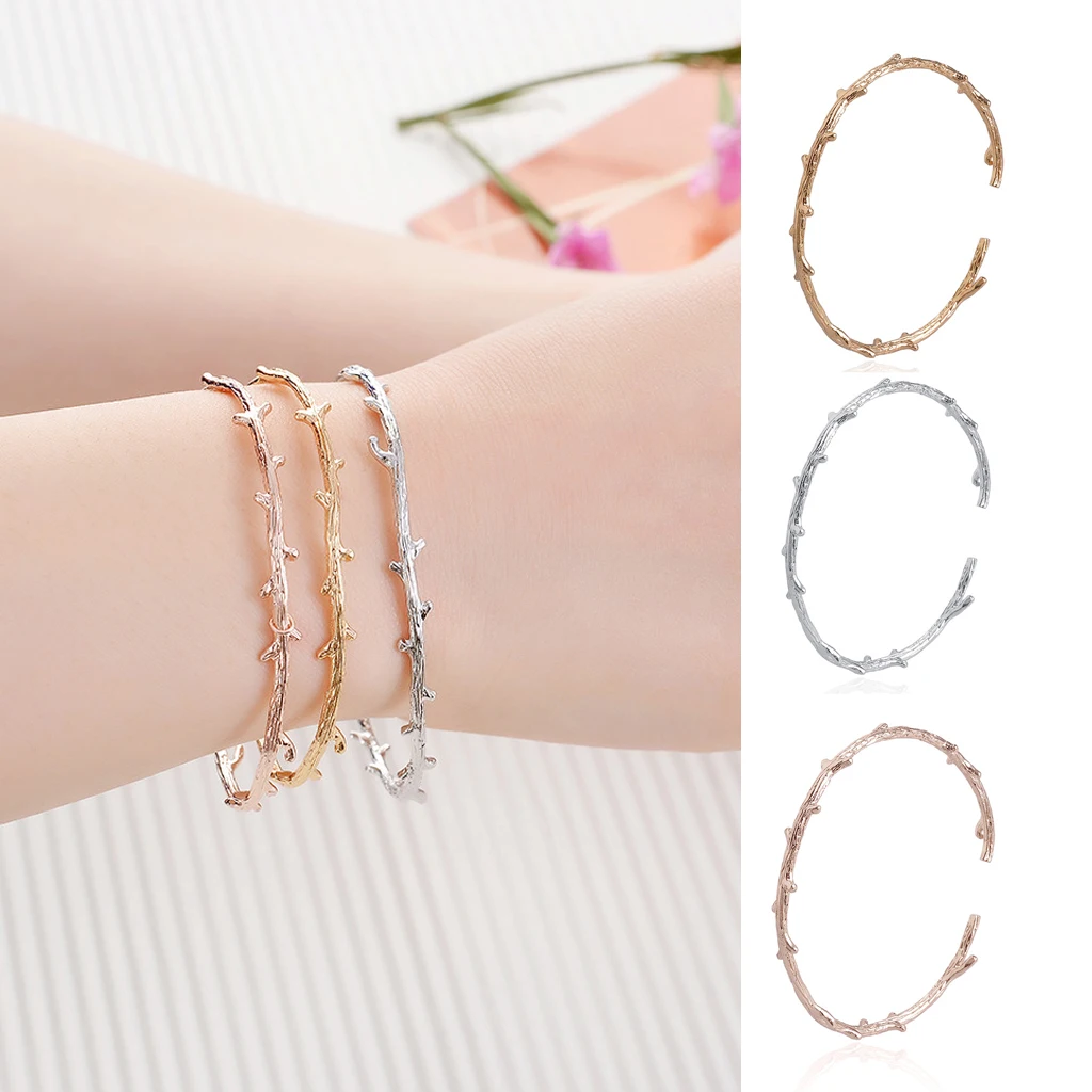 

Women Simple Tree Branch Copper Open Hand Cuff Bangle Thin Bracelet Jewelry
