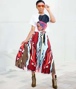 

Spring Summer Women Two Piece Set Top and Pants Plus Size Outfits Tracksuit Sweatsuit Print T Shirt and Pleated Skirt Sets